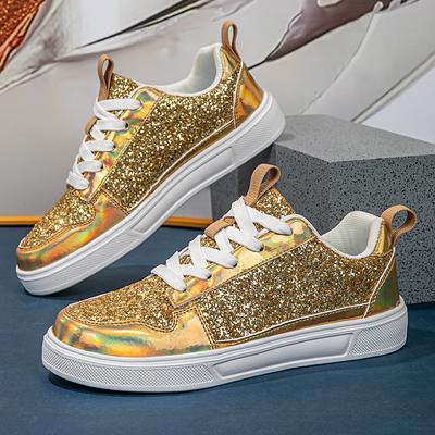 Мода Модные золотые женские кроссовки Роскошные женские кроссовки с пайетками из вулканизированной кожи Удобные повседневные кроссовки Женские дизайнерские туфли tênis feminino
