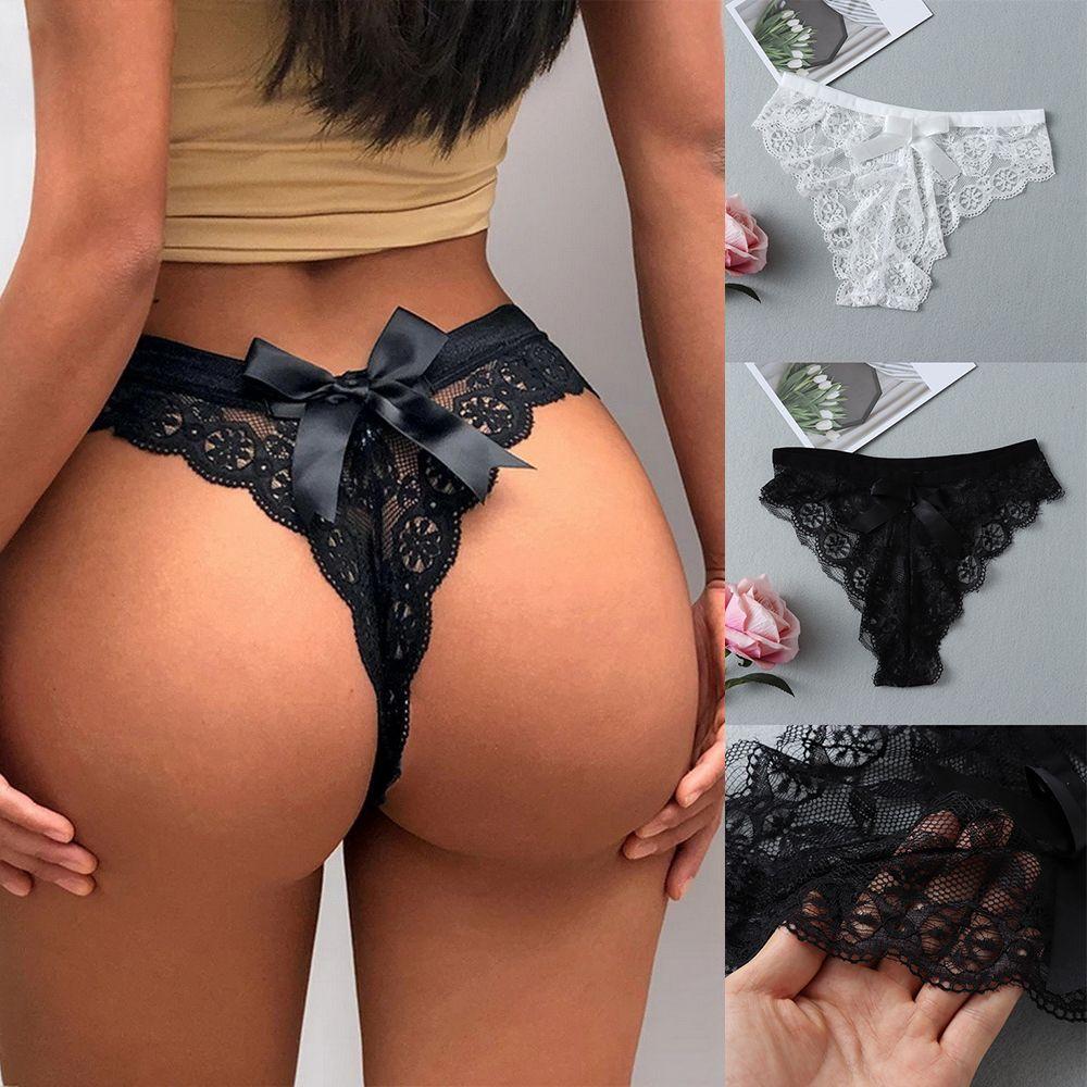 T-back Transparent Underpants Lace Flowers Thong Hollow Bow Panties Women's Underwear G String