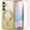 Case and 2 Tempered Glasses for Samsung Galaxy S24 FE, Glitter Protection with Magnetic Circle and Camera Film - Gold