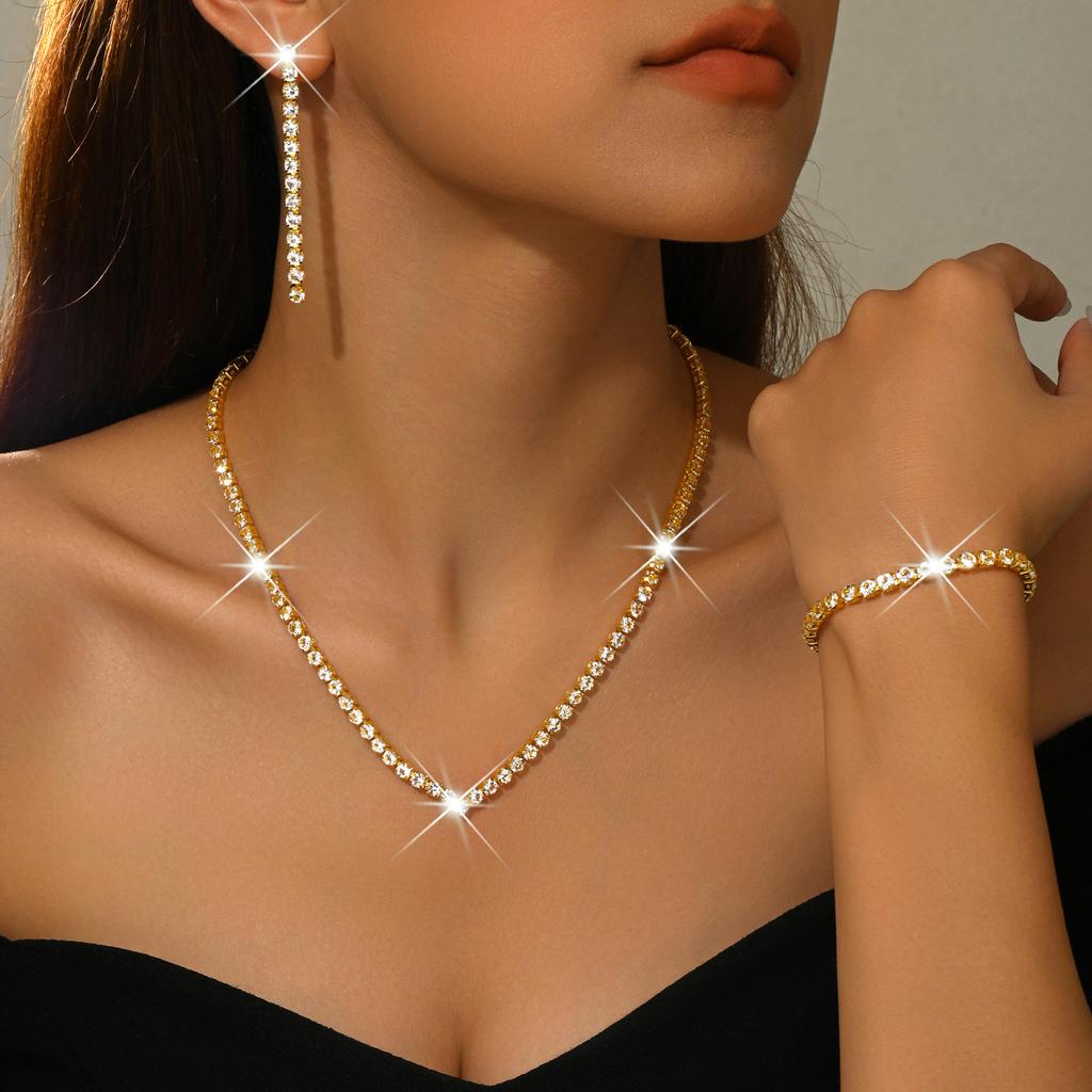 Fashion Lead-Free Brass Jewelry Sets Shiny Diamond Rhinestone Tennis Bracelet Earrings Necklaces for Women Anniversary Set