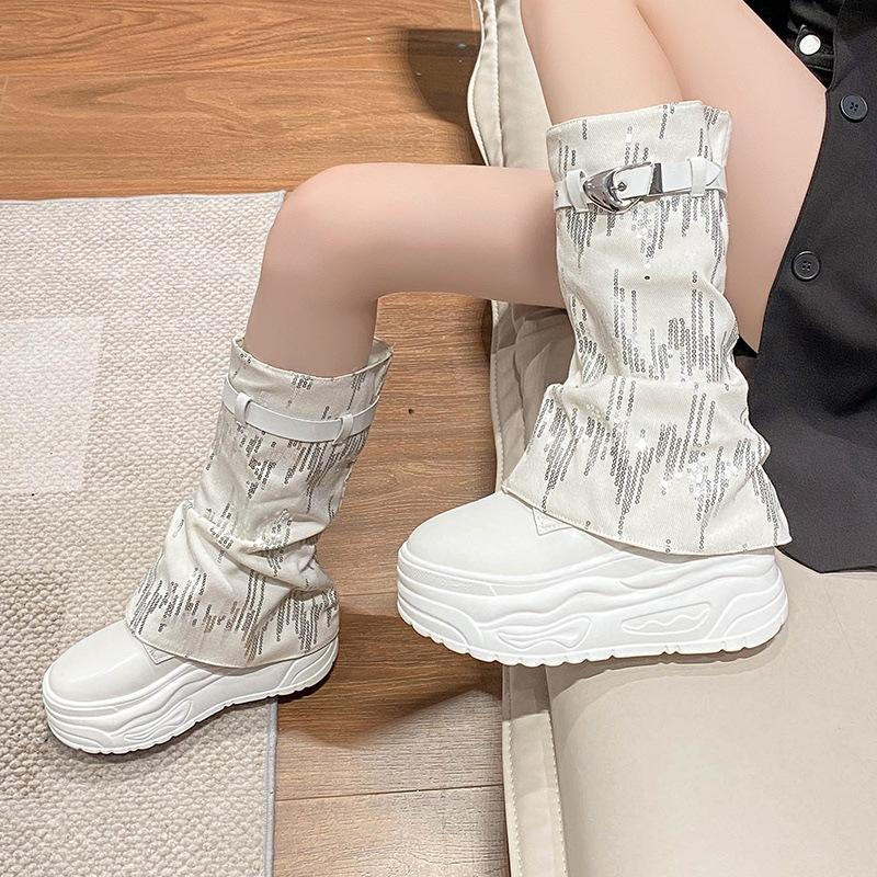 Мода Мода Женская обувь На толстой подошве Сапоги до середины икры Круглый носок Пайетки Платформа Кроссовки Осень Блеск Вестерн Длинные Боты для женщин