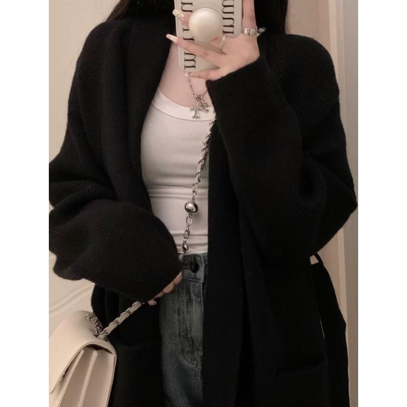 Осень-зима Новая мода V-образный вырез длинный рукав однотонный средней длины кардиган женская одежда свободные корейские трикотажные трендовые топы