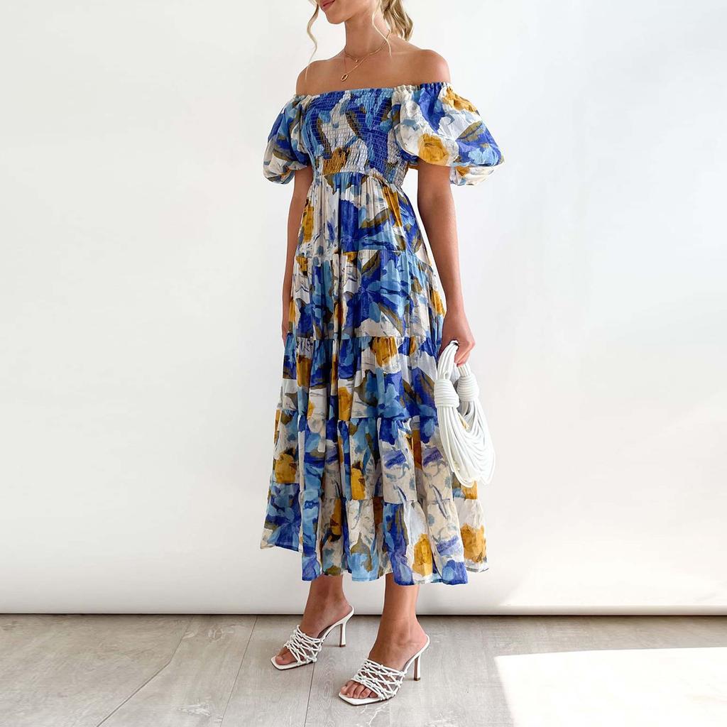 Ladies Summer Fashion High Waist Off Shoulder Dress