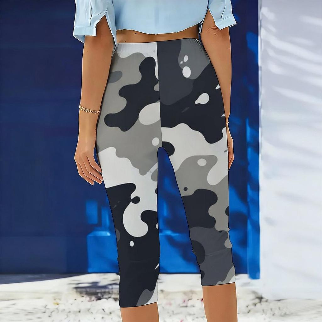 Women Plus Size Grey Black White Camouflage Printed Fitted Capri Leggings