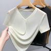 V-neck Short-sleeved T-shirt for Women New Women's Clothing, Ice Silk Thin Hollow Mesh, Fashionable Small Shirt, Temperament Waist-hugging Top