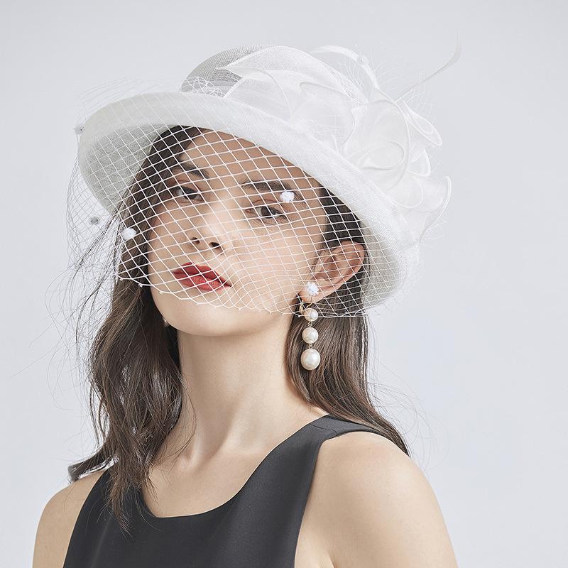 European and American temperament linen flower elegant banquet top hat spring and autumn solid color curled sun hat women's outdoor sunscreen basin h