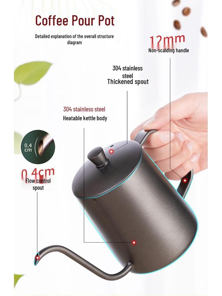 Чайник из нержавеющей стали 304 с гусиным носом и деревянной ручкой для заваривания кофе методом пуровер и использования на открытом воздухе