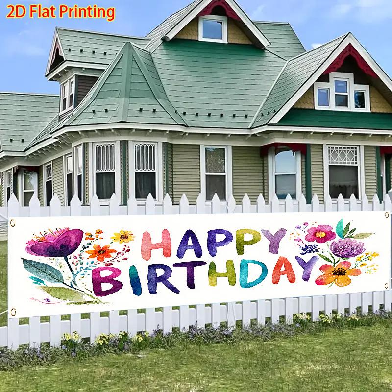 Happy Birthday Banner, Flowers & Happy Birthday Letter Design, Polyester Outdoor Lawn Wall Holiday Party Decoration