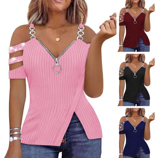 Women's Tops V-Neck Zip Detail Split Hem Elegant Trendy Minimalistic Sequin Chain Accent Blouse Summer Accessories