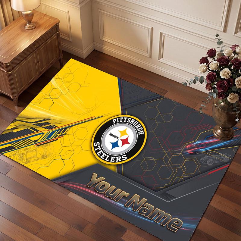 Pittsburgh Steelers Personalized Crystal Velvet Carpet, Customized Name Text Soft Anti‑Slip Rug for Living Room Bedroom
