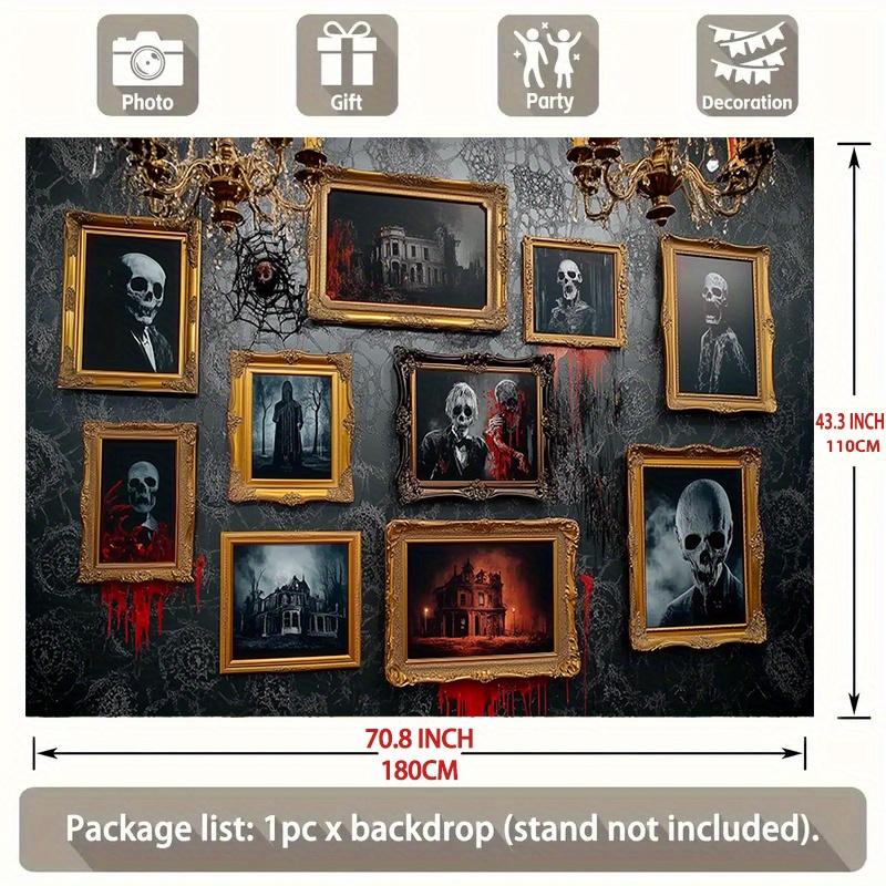 One piece of Gothic horror-themed party decoration featuring a framed skull ghost and haunted house design photo props