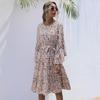 Summer Fall Floral Print Long Dress Women Casual O-neck Long Flare Sleeve High Waist Slim Bandage Belt Ruffles S-XL