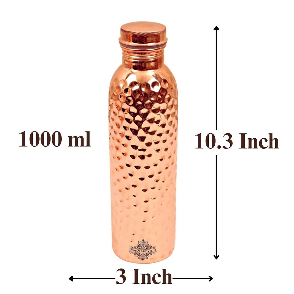 Pure Copper Hammered Finish Bottle, Stoarage & Drinkware, Health Benefits, Volume-1000ML, Pack of 1