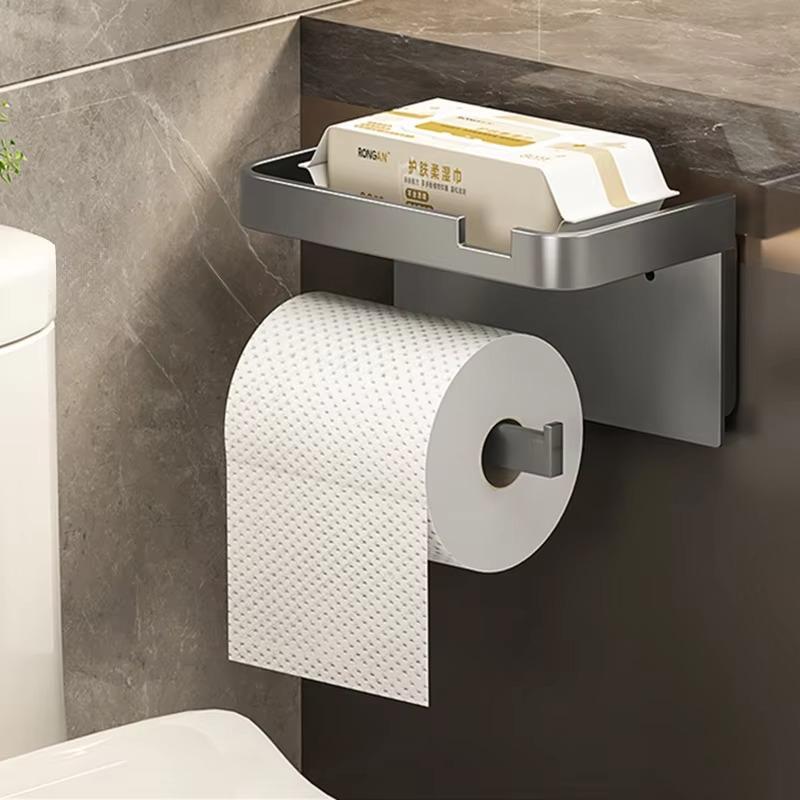 No Drill Wall Mounted Toilet Paper Holder Bathroom Tissue Rack Multifunctional Wall Roll Paper Organizer Phone Storage Shelf