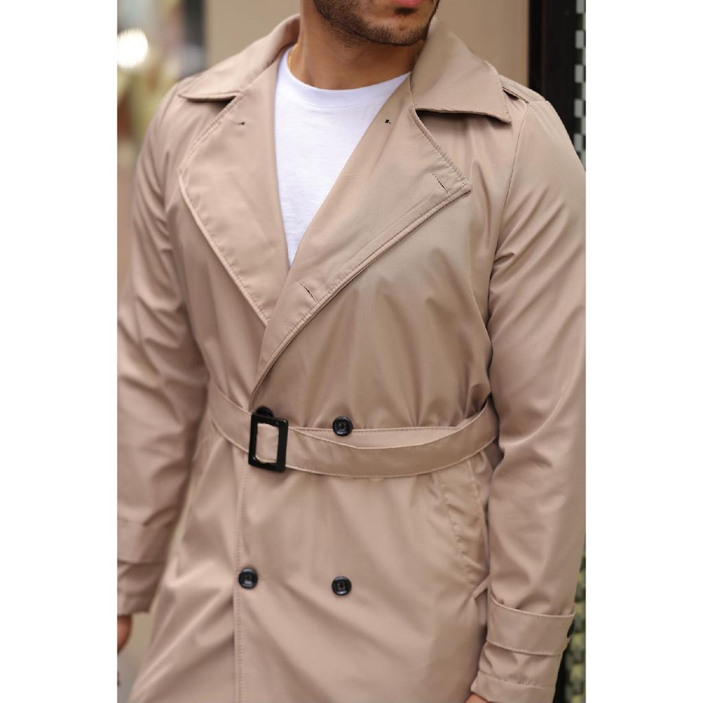 Мужской черный водо- и ветрозащитный плащ с поясом, верхнее пальто