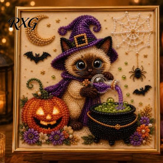 Cute Pet Themed Home Accents Halloween Witch Hat Cat DIY 3D Pearl Painting Kit with Frame, Hand-Pasted Art Craft for Adults, Relaxing Creative