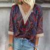 Женская рубашка, блузка, повседневные свободные рубашки, рукава 3/4, кружевные топы с v-образным вырезом и принтом, топы с принтом, футболки, футболки