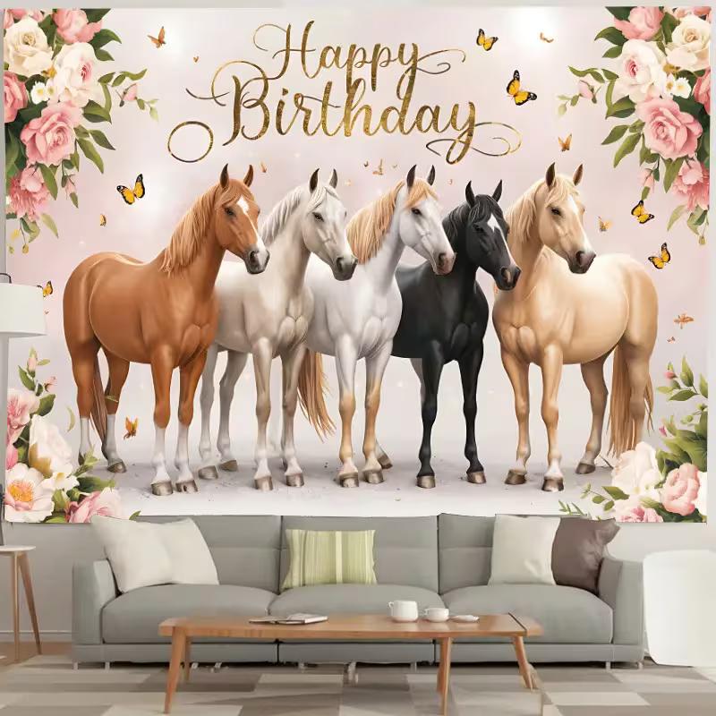 2D Pink Floral Horse Birthday Banner, Equestrian Themed Party Decoration Background