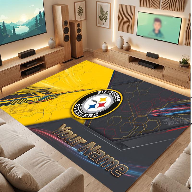 Pittsburgh Steelers Personalized Crystal Velvet Carpet, Customized Name Text Soft Anti‑Slip Rug for Living Room Bedroom