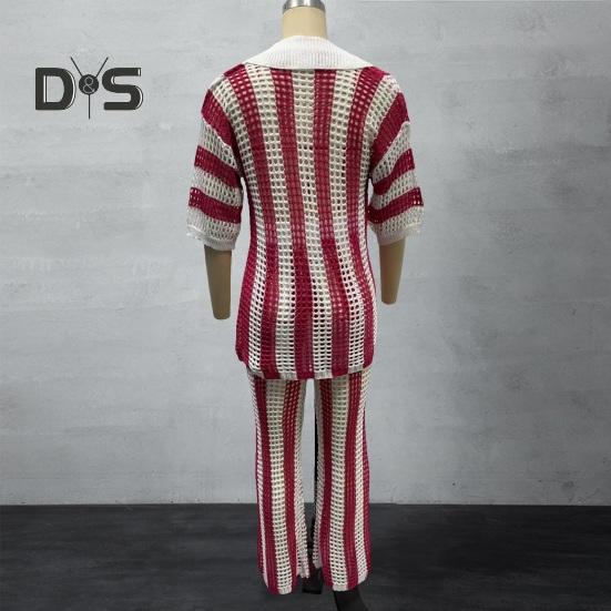 2 шт./компл., женская рубашка и брюки, комплект трикотажных полых V-образным вырезом, однобортная блузка с рукавами три четверти, высокая талия, широкие брюки, пляжный наряд