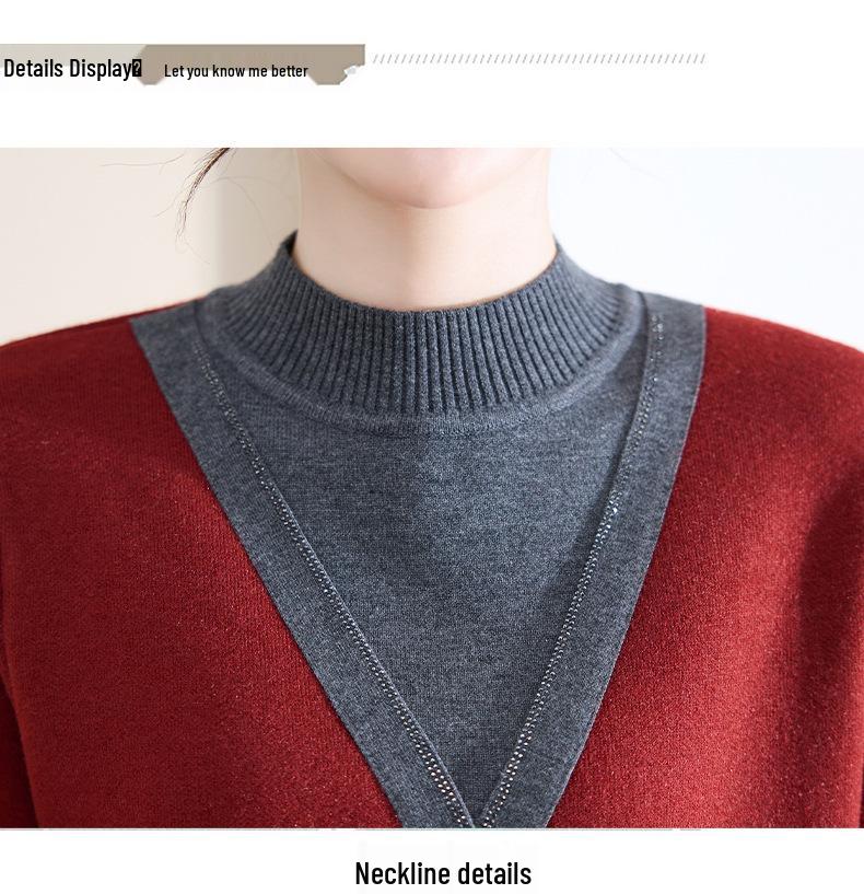 Mom's Red Fleece-Lined Winter Sweater - Perfect for New Year & Spring Festival for Middle-Aged and Elderly Women