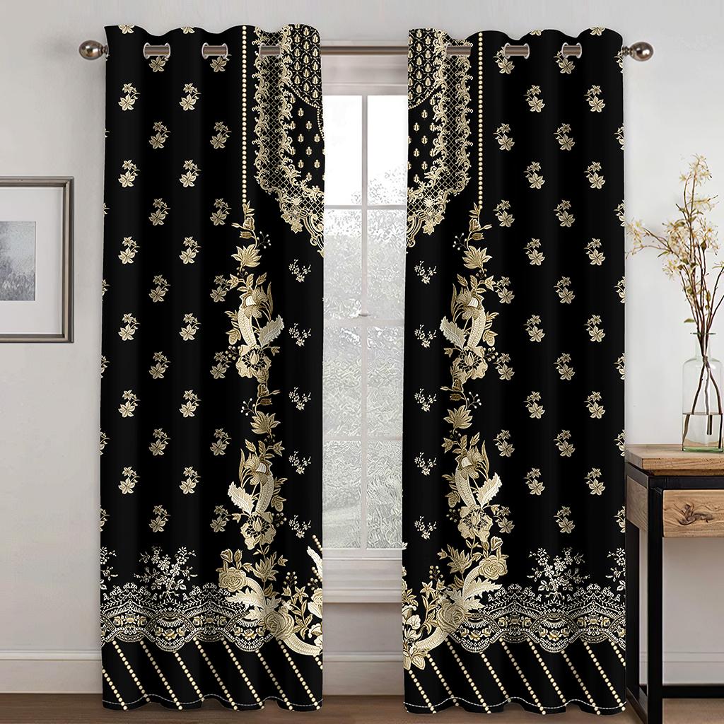 High-quality Luxury Brand Black Pattern 3D Printed Thick Shading Curtain Bedroom Living Room Hotel Window 2 Pieces Free Hooks
