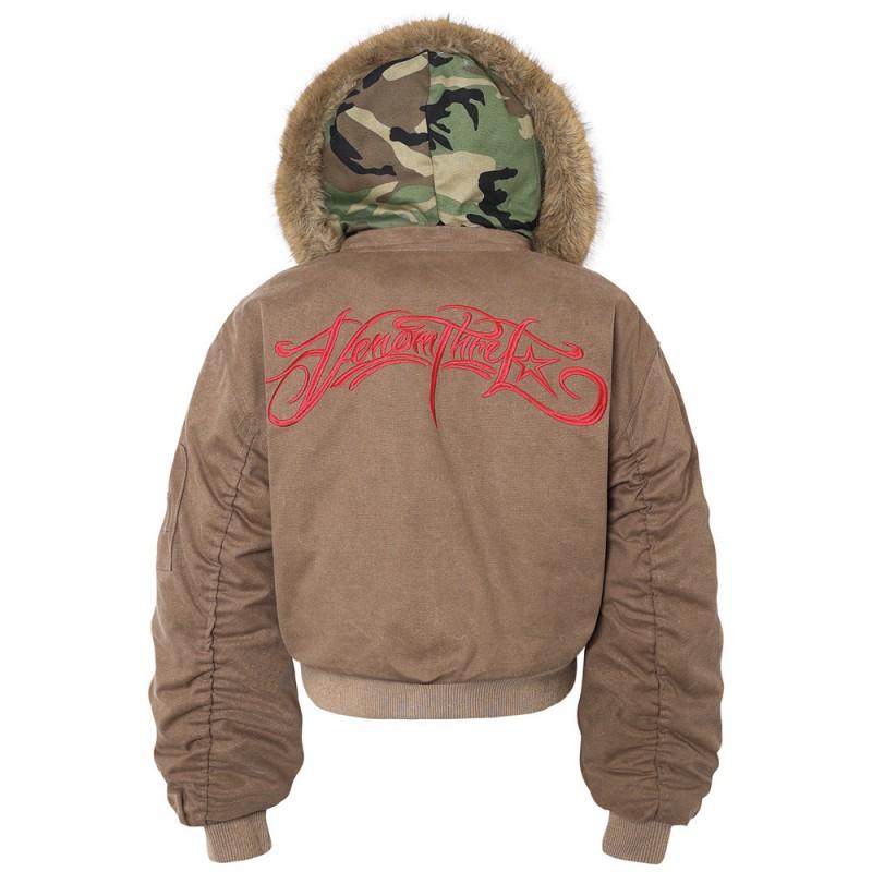 Mens Winter Hooded Cotton Puffer Jacket With Embroidered Letter Detachable Faux Fur Collar Oversized Fit