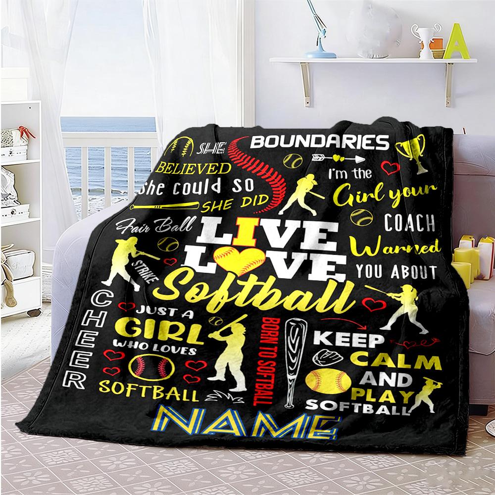 Black Softball Customize Your Name Blanket Lightweight Customizable Blanket Warmthful Decor for Bed Couch Home Decor Office Chair Ideal for All Season