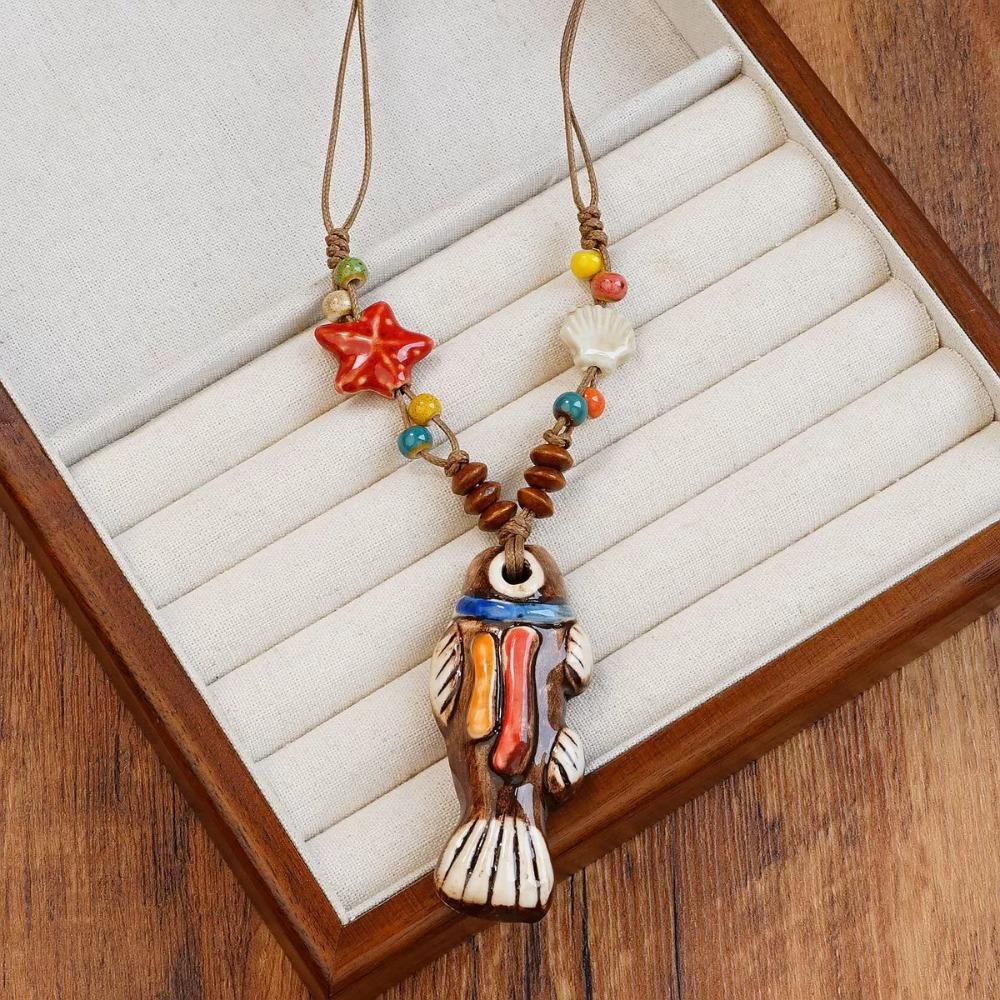 Vintage Ceramic Fish Necklace Wood Bohemian Style Choker Exquisite Long Sweater Chain Decoration
