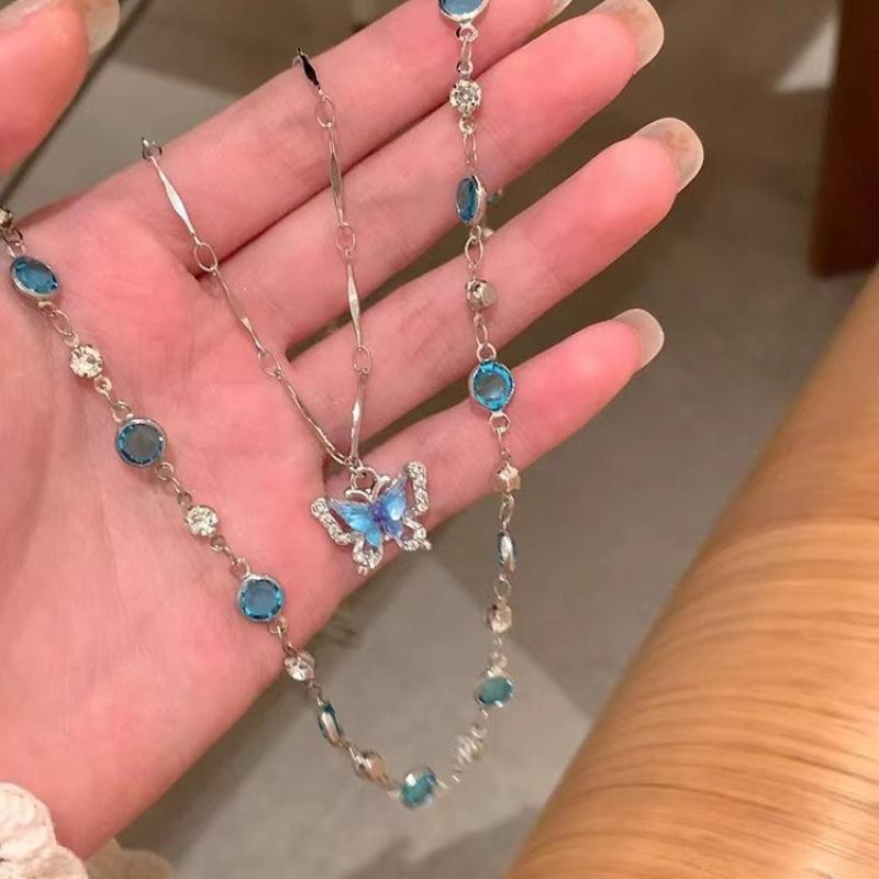 Двухслойное голубое циркониевое ожерелье-бабочка для женщин и девочек, простое блестящее циркониевое колье-чокер на ключицу, цепочка для ювелирных изделий в подарок
