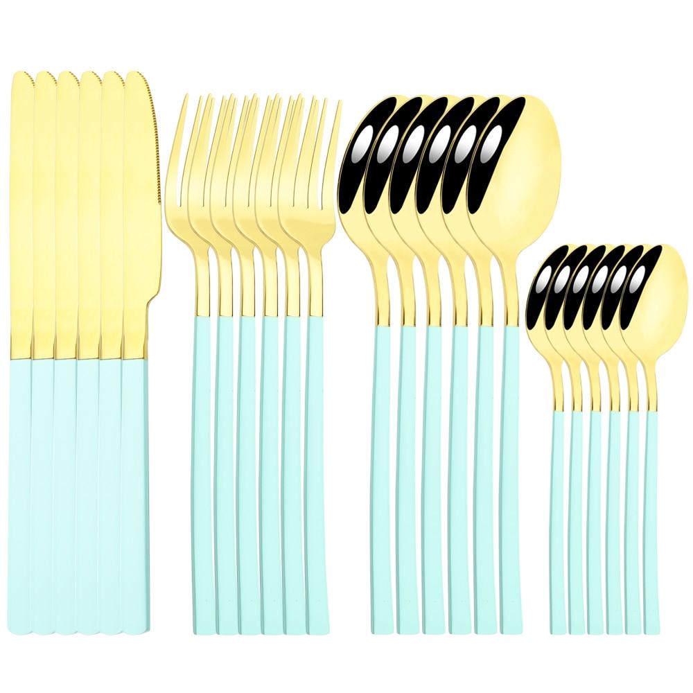 Золотая посуда, ложки, вилки, ножи, столовые приборы, 24 предмета, набор столовой посуды из нержавеющей стали, зеркальная полировка, кухонный набор столового серебра