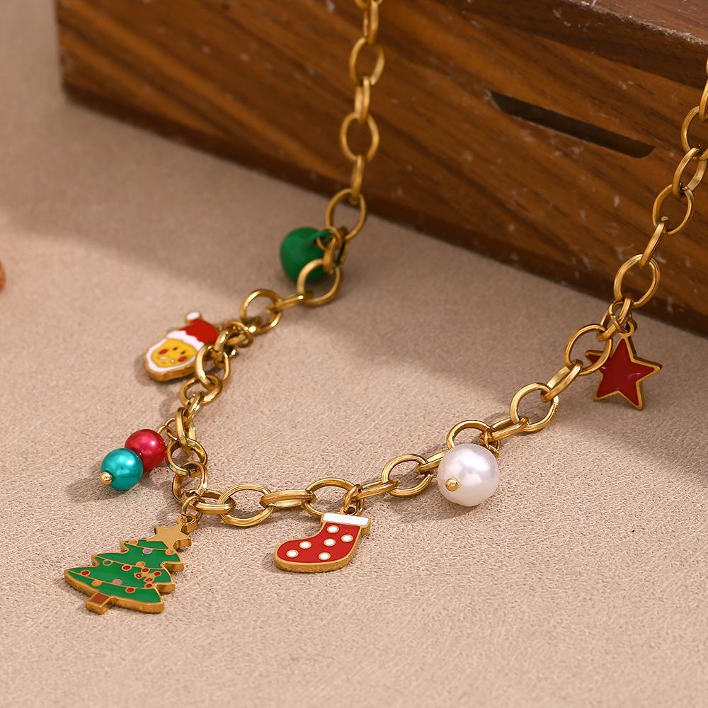 18K Gold Plated Cartoon Christmas Tree & Santa Pendant Necklace for Women