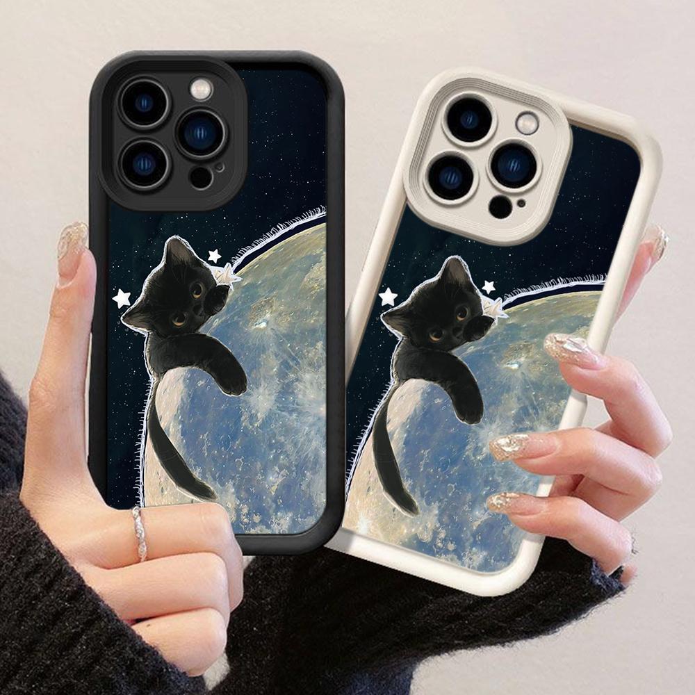 JT123 Кошка, обнимающая луну, для iPhone 17 16 15 14 Pro Max Samsung S26 S25 S24 Ultra A17 A16 A07 A56 A06 Xiaomi 15T Redmi 15c 14c Note 13 14 Мягкий чехол из ТПУ