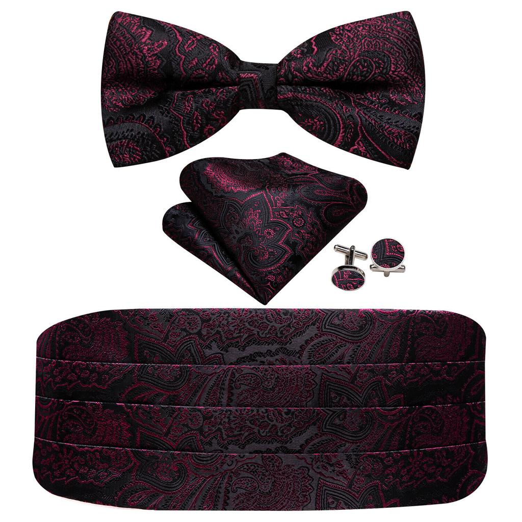 Barry.Wang Mens Cummerbund Belt and Bowtie Set Silk Pre Bow Tie Hanky Cufflink Set