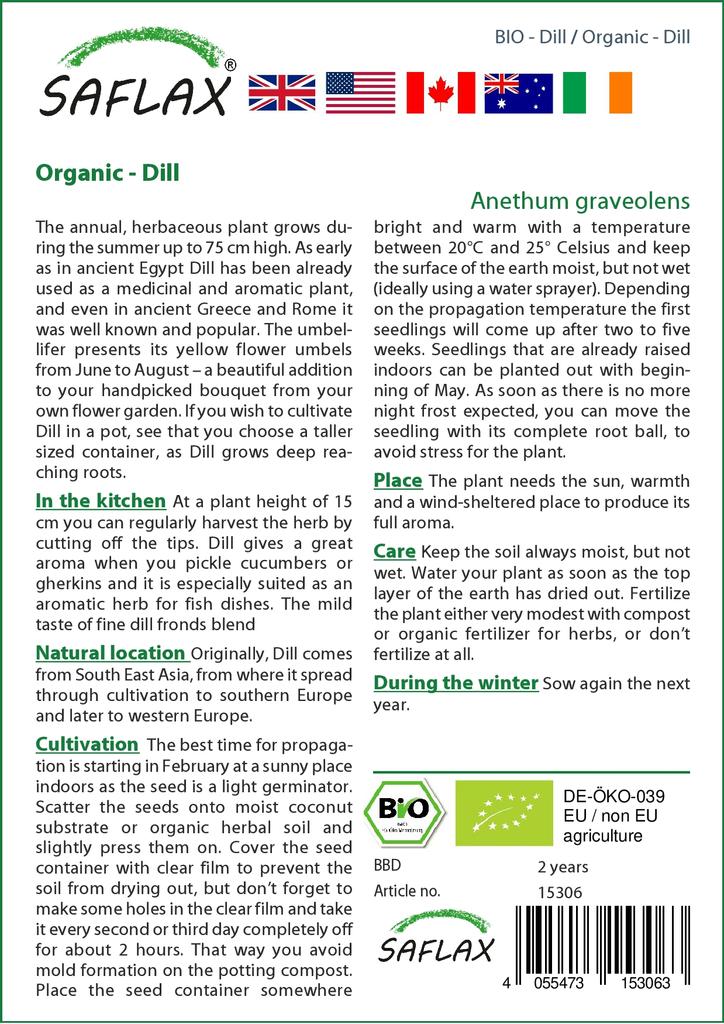 SAFLAX Garden in the Bag - Органический - Укроп - 700 семян - С субстратом в подходящем мешке - Anethum Graeolens