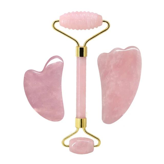 Natural Jade Stone Rose Quartz Jade Roller Gua Sha Facial Massager Set Gouache Scraper Body Wrinkle Remover Beauty Tools