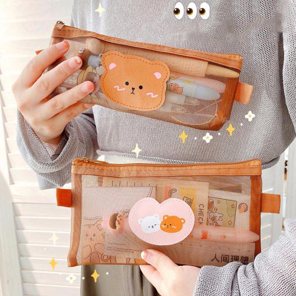 Stationery School Supplies Pen Bag Bear Pencil Bags Mesh Pencil Case Storage Bags Kawaii Pencil Bag