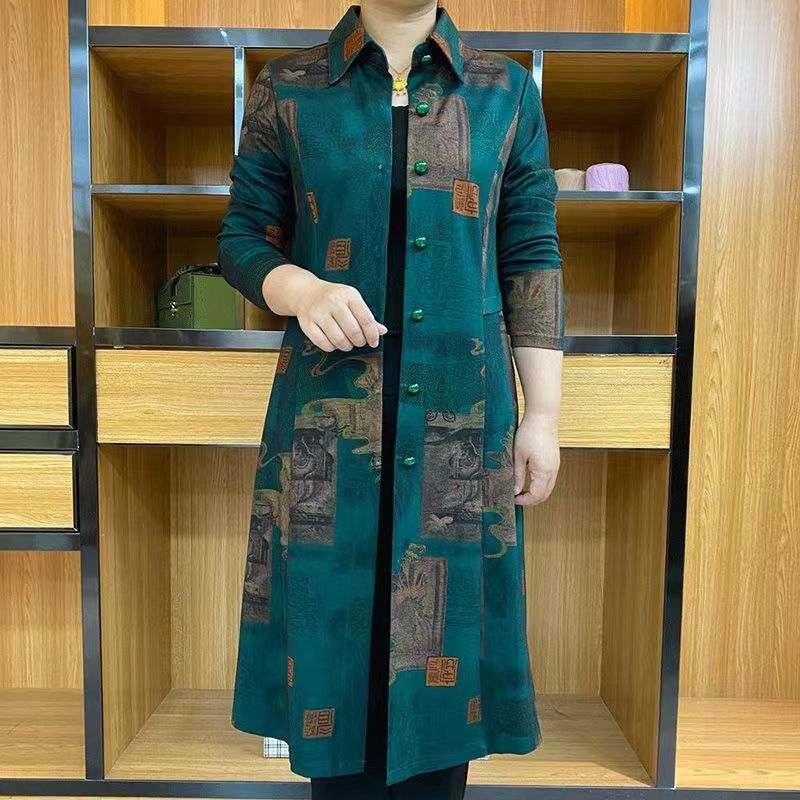 Повседневный Винтажный Миди Тренч с Принтом Женская Одежда Однобортный Весна Осень Отложной Воротник Длинный Рукав Прямые Куртки