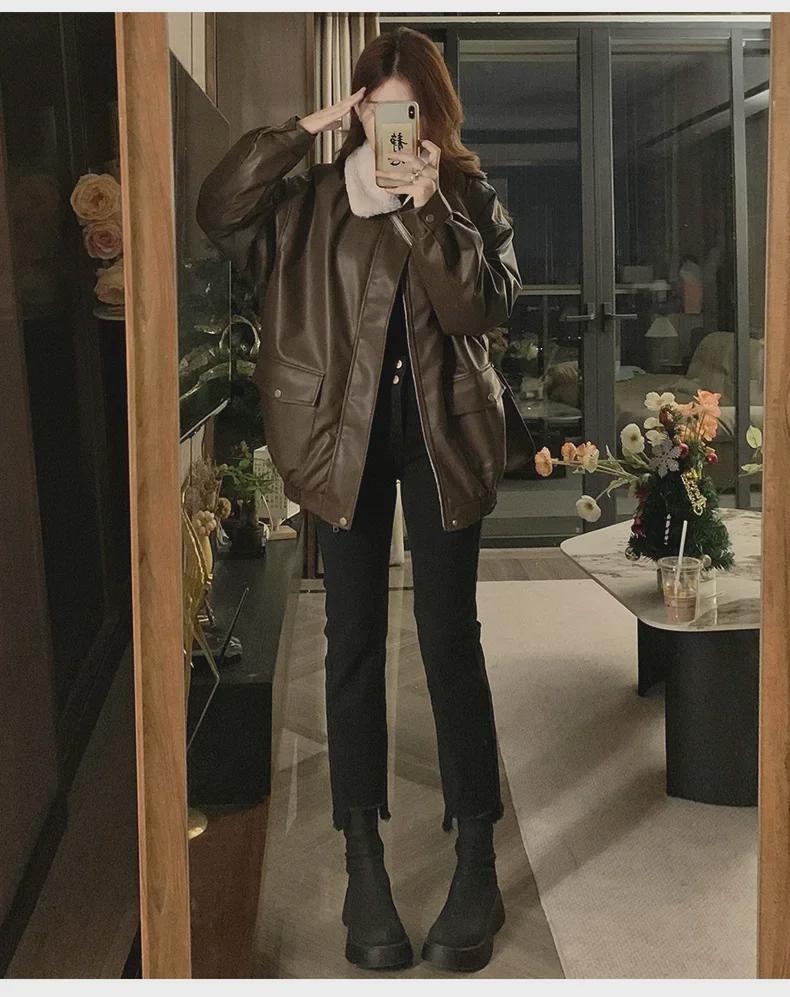 Женское высококачественное зимнее пальто из американской мотоциклетной кожи и хлопка: Корейский стиль, свободный крой, плюс бархат, плотная, короткая куртка.