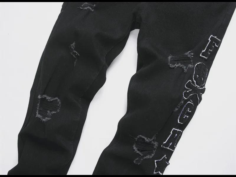 2024 г. Узкие черные вышитые джинсы-скинни для мужчин в стиле панк-стиля