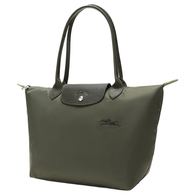 Longchamp Le Pliage Green 28 с длинными ручками Экологичная холщовая сумка-тоут через плечо "Пельмень" Средний размер Женские сумки Лесной зеленый 2605919479