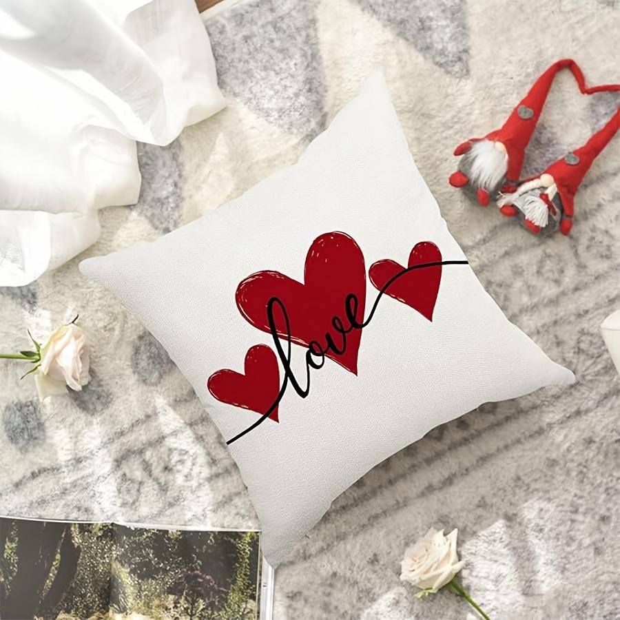 1pc Country-Rustic Linen Throw Pillow Cover, Woven Decorative Cushion Case with Watercolor Hearts Love Design, Machine Washable