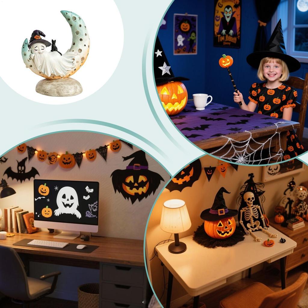 Creative mermaid moon little ghost Figurines with Witch Hat Halloween resin craft Home Decor living room decoration for Holiday