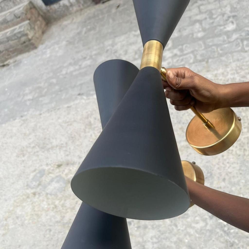 Mid-Century Italian Stilnovo 17-Inch Diabolo Sconce - Black & Brass Double Cone Wall Light Fixture For Vanity, Bathroom, Kitchen