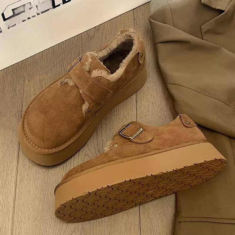 Замшевые меховые женские ботинки на платформе, зимние ботинки на плоской подошве, лоферы, брендовые плюшевые теплые хлопковые туфли на среднем каблуке, модная мода, удобные туфли Botas Mujer