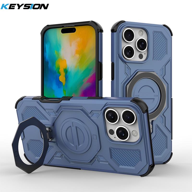 KEYSION Противоударный магнитный чехол для iPhone 16 Pro Max с вертикальной металлической подставкой-кольцом для просмотра в реальном времени, чехол для телефона для iPhone 15 Pro Max