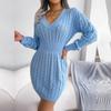 Women Autumn Winter High Waist Twist Wrap V Neck Long Sleeve Solid Color Hip Sweater Dress S-L