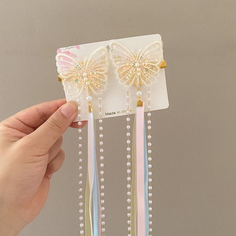 Chinese Butterfly Hair Clip - Flowing Ribbon Side Hairpin | Traditional Hanfu Hair Ornament for Girls' Costumes & Photoshoots