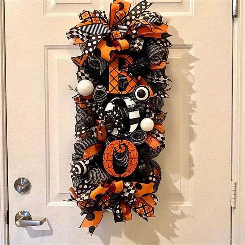 Halloween Wreath Garland Door Hanging Decoration BOO Doorplate Pumpkin Pendant Home Party Supplies for Porch Yard