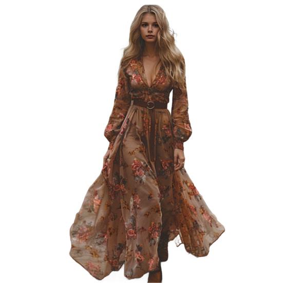 Spring Fall Dress V Neck Digital Floral Print Pleated A-line Maxi Dress Long
